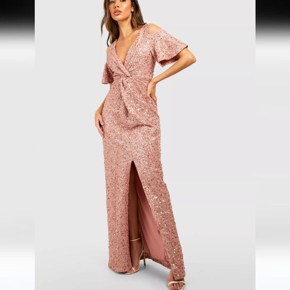 Boohoo champagne sequin sparkly knot front maxi special occasion dress size 14 - Picture 1 of 10